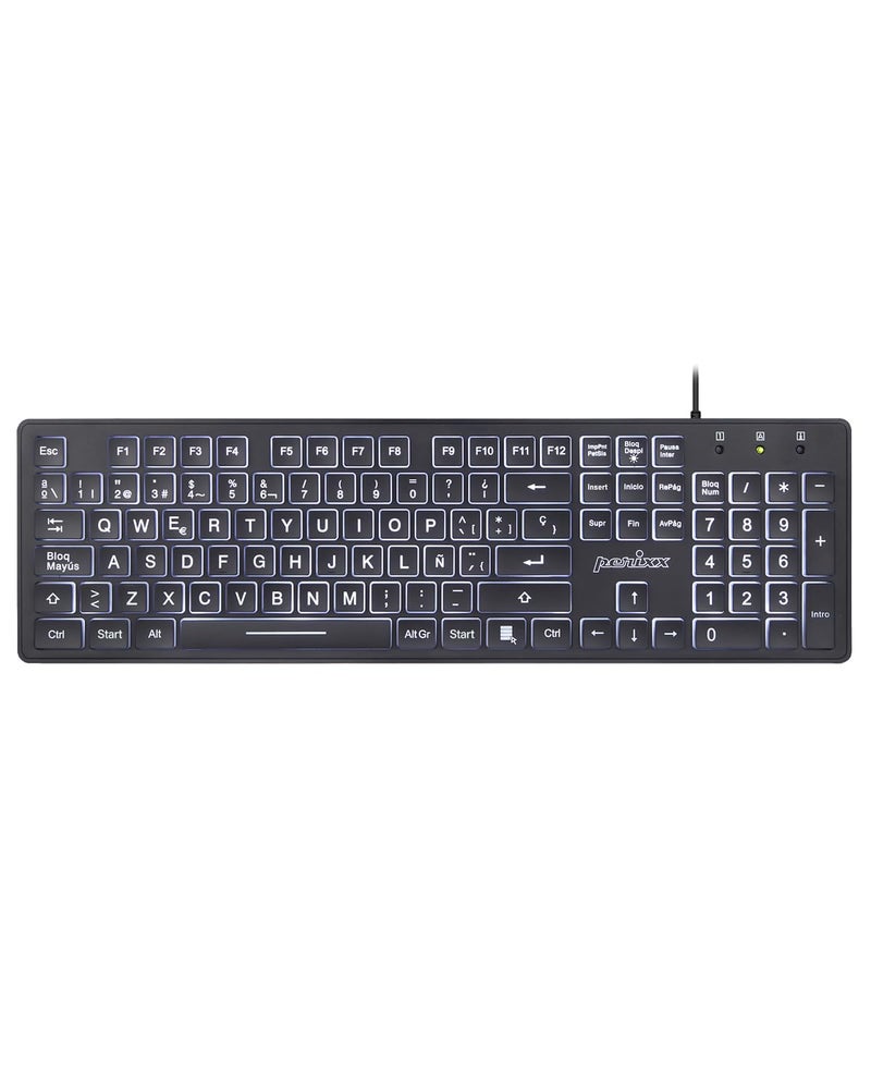 Perixx PERIBOARD-317ES ES un teclado con Cable y retroiluminado LED, Letras impresas en Grande con iluminaciÃ³n Blanca, Teclado Full Size, QWERTY EspaÃ±ol - Image 1