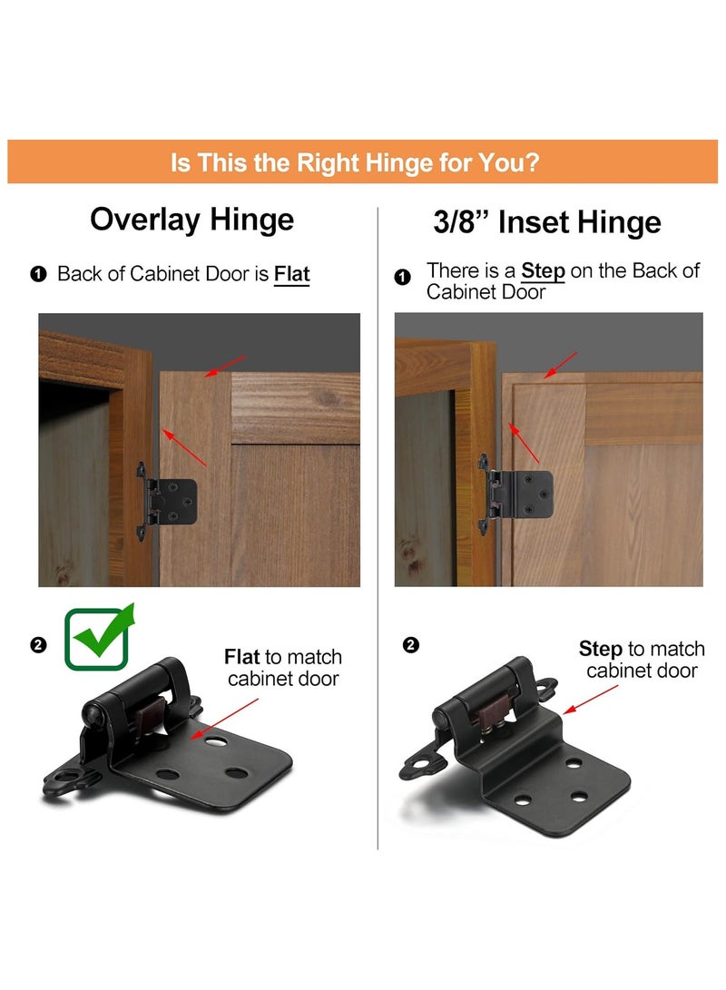 4 Pack (2 Pair) Matte Black Self Closing Cabinet Hinges for Flush Mount Kitchen Cabinet Door, 1/2" Overlay (Variable) Face Frame Semi Concealed Kitchen Cabinet Hinges - Image 3