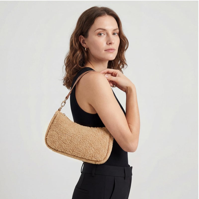 VODIU Sherpa Shoulder Bag for Women, Cute Hobo Purses Mini Clutch Handbag Retro Crossbody Bag with Chain - Image 2
