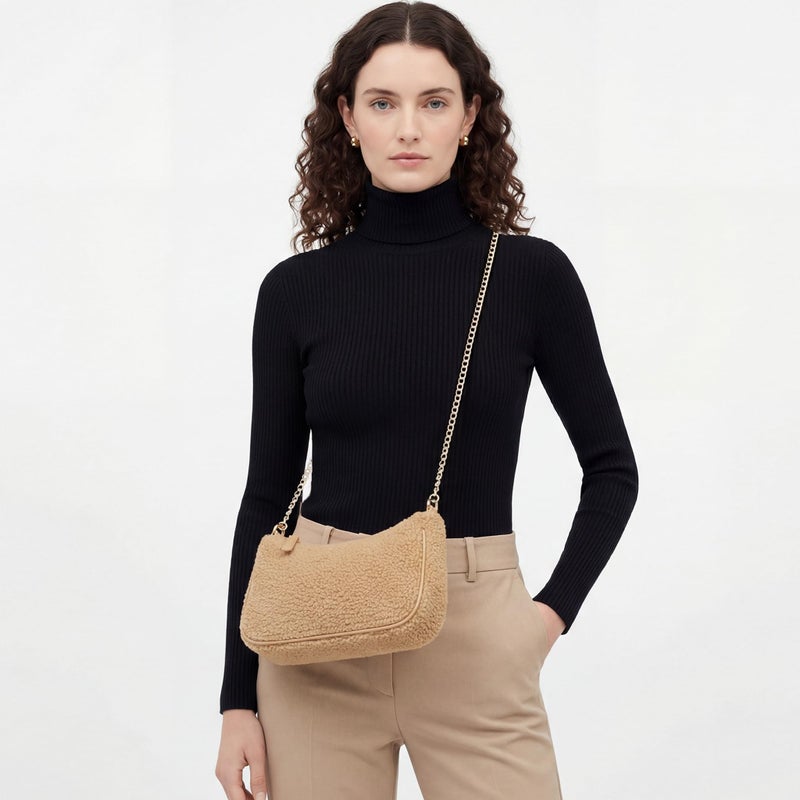 VODIU Sherpa Shoulder Bag for Women, Cute Hobo Purses Mini Clutch Handbag Retro Crossbody Bag with Chain - Image 5
