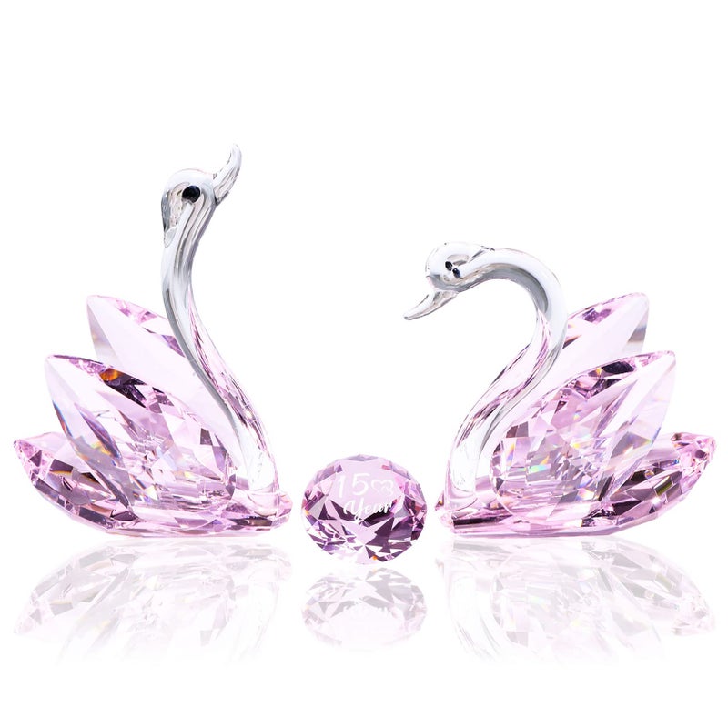 YWHL 15th Anniversary Crystal Swan Gifts for Couple 15 Year Wedding Anniversary for Her Him Swan Figurine with Pink Diamond Valentines Day Present Romantic Birthday Gift for Wife Husband Pink