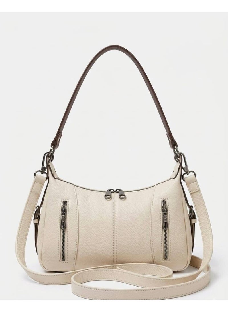 Women’s Off white Shoulder & Crossbody Leather Bag with Multi-Pocket Design - Image 1