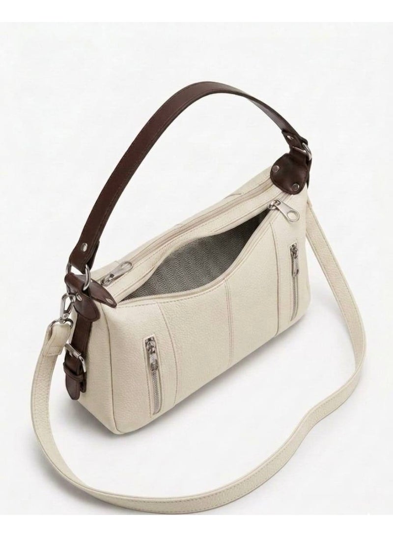 Women’s Off white Shoulder & Crossbody Leather Bag with Multi-Pocket Design - Image 3