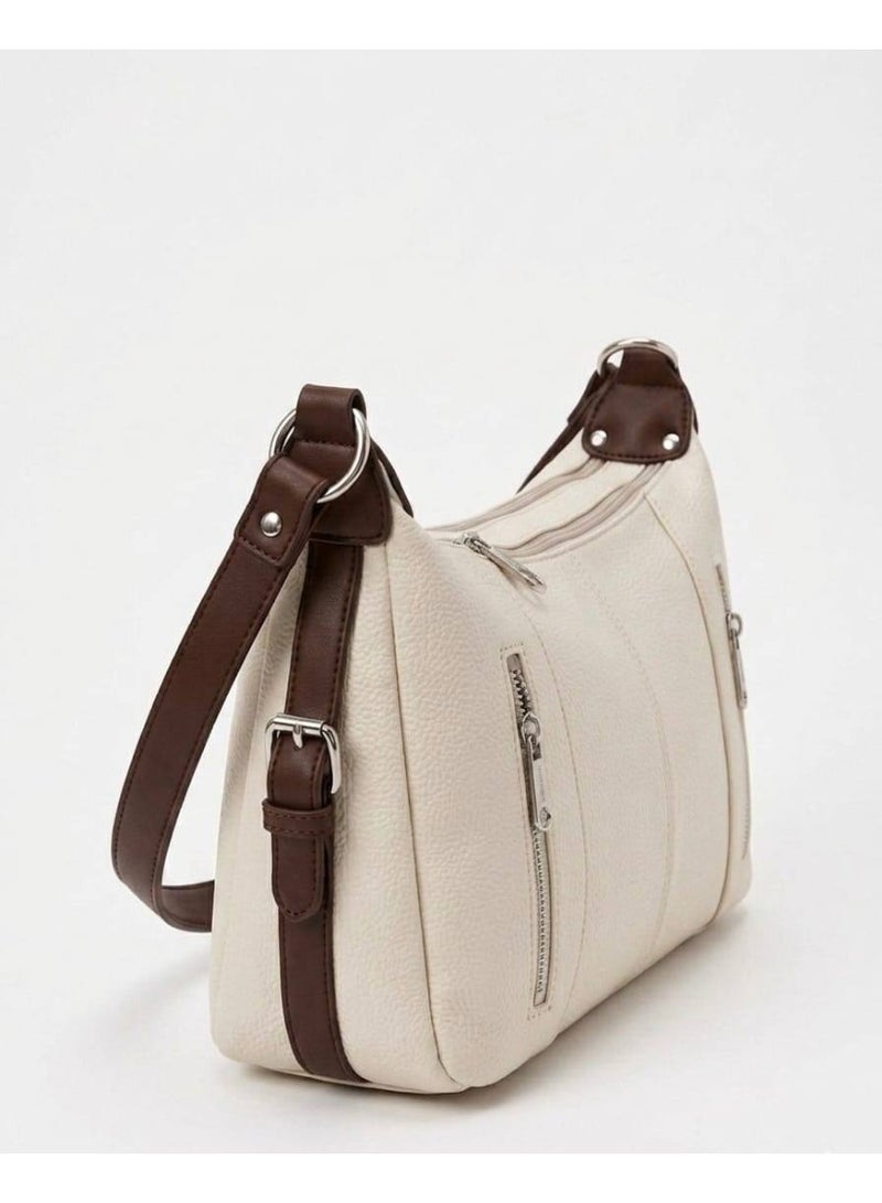 Women’s Off white Shoulder & Crossbody Leather Bag with Multi-Pocket Design - Image 4