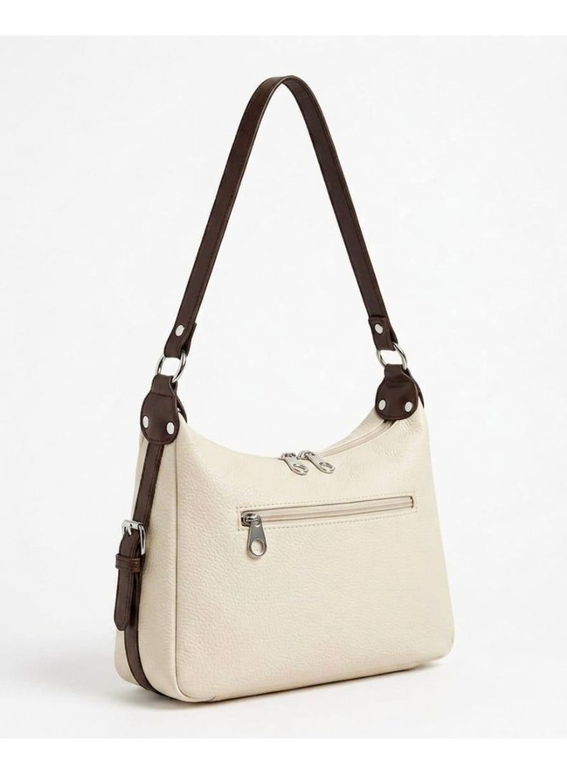 Women’s Off white Shoulder & Crossbody Leather Bag with Multi-Pocket Design - Image 5