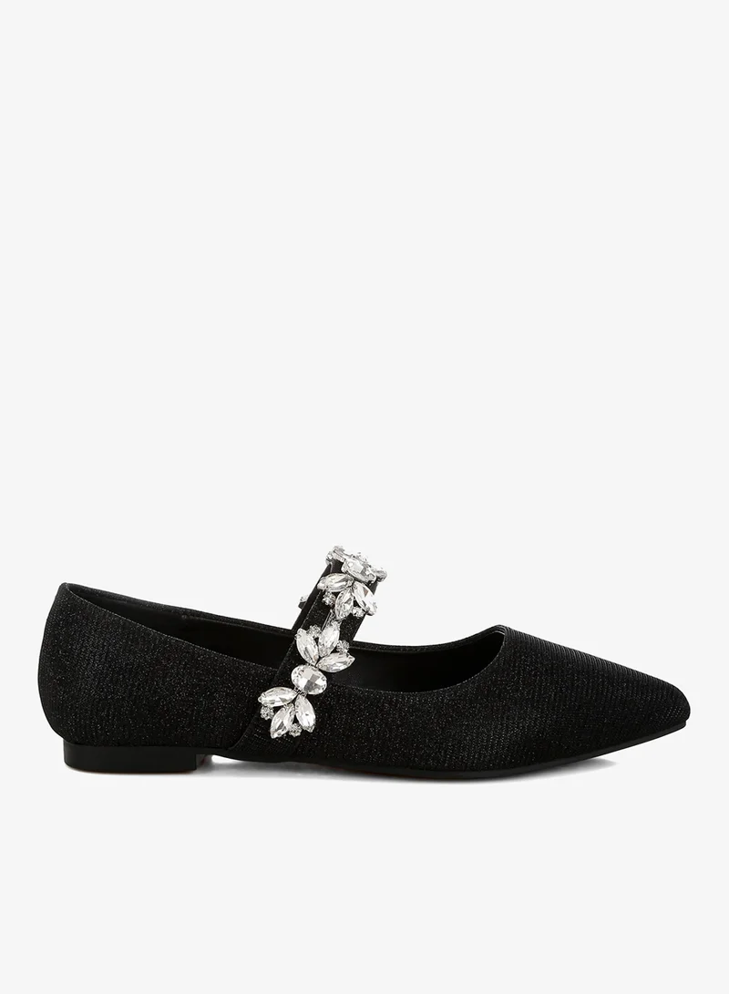 Diamante Brooch Glitter Ballerinas in Black