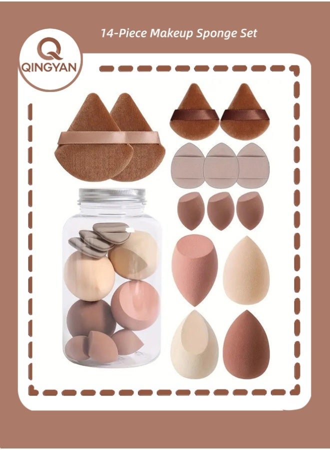 QINGYAN 14-Piece Makeup Sponge Set- Multi soft color Mini Makeup Sponge, Powder Puff Long Lasting Beauty Sponge Wet & Dry Use for Women (Brown) - Image 1
