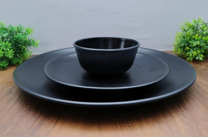 Amar Industries Amar Melamine Dinner Set Matte Black Spiral Design Full Plates Half Plates with Katori Serve 1 Set of 3 - Image 3