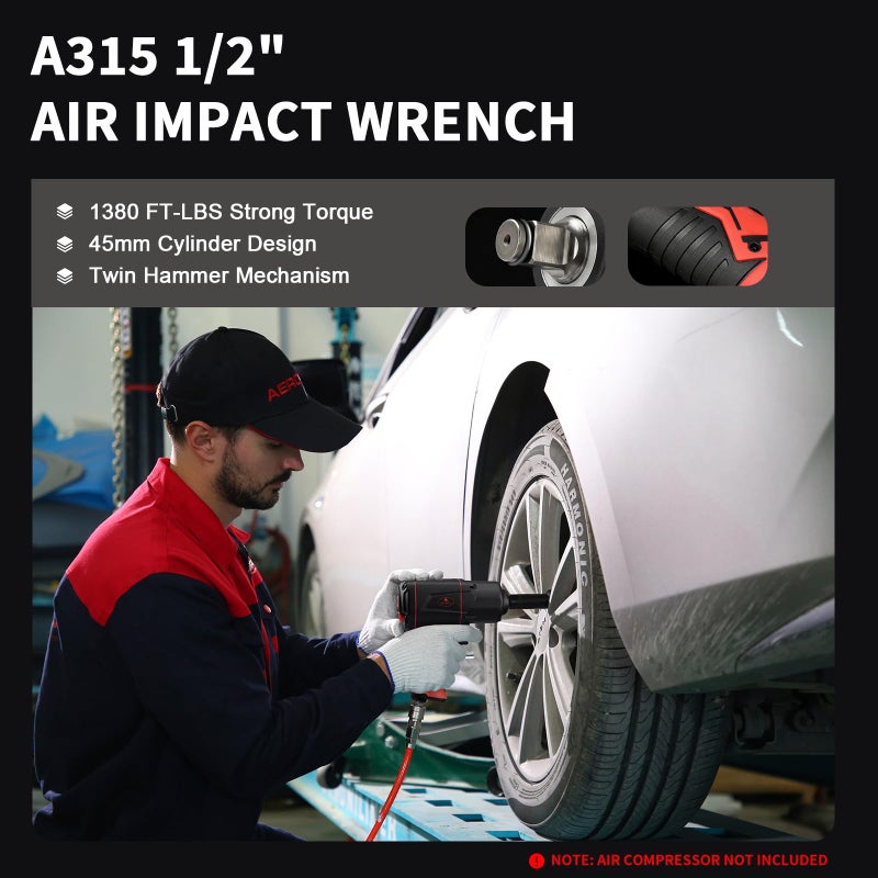 AEROPRO TOOLS 1/2-Inch Composite Air Impact Wrench(A315), Twin Hammer, 1380FT-LBS Max Loosening Torque, 8000RPM, Pneumatic Impact Gun, for Auto Repair, Tire Shop (Lightweight Housing) - Image 3