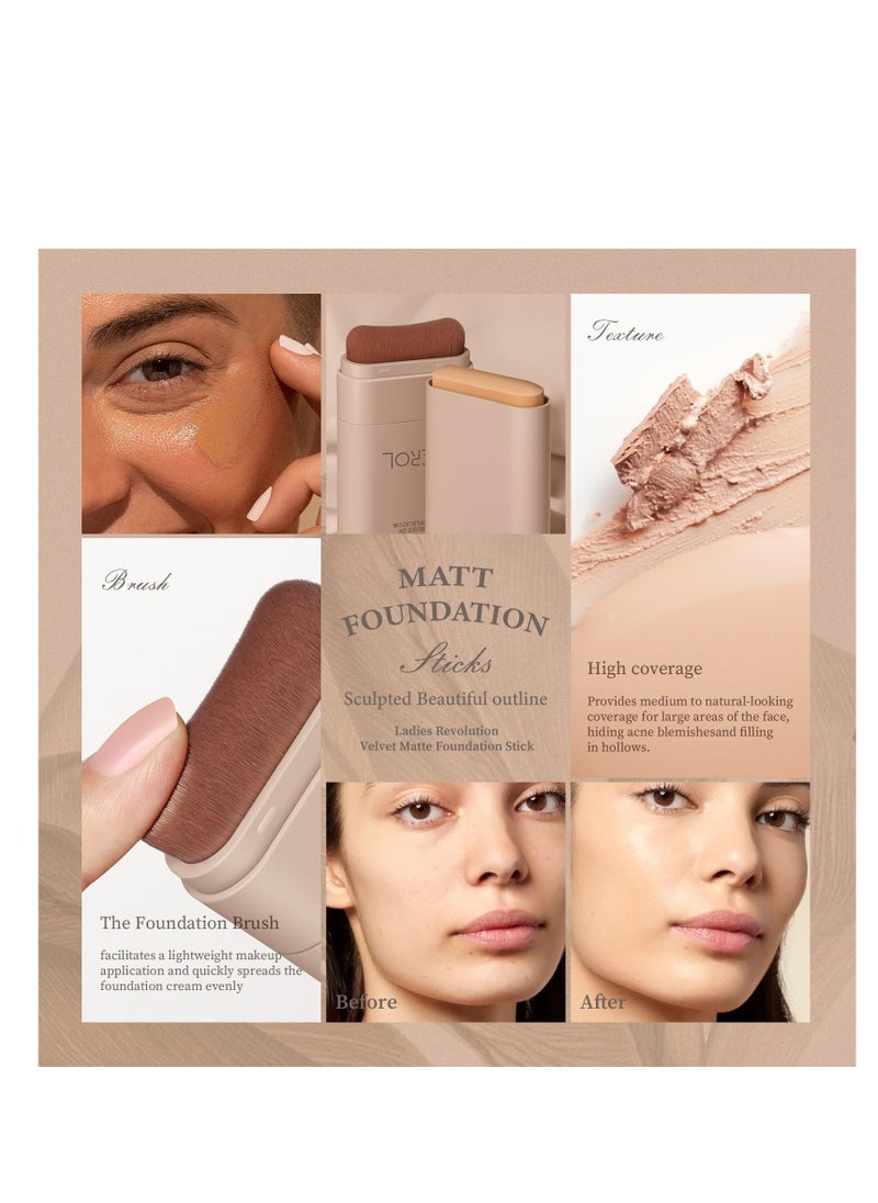 Multi Use Foundation Stick, Full Coverage Foundation Makeup with Built-In Foundation Brush, Waterproof & Sweat-proof, Long-lasting Foundation