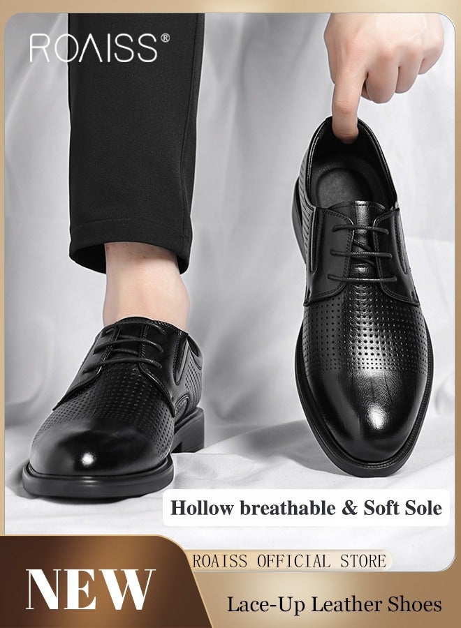 رويس حذاء رجالي من الجلد اللامع سهل الارتداء بتصميم مجوف منحوت، حذاء رسمي منخفض الرقبة برباط ونعل غير قابل للانزلاق، حذاء أنيق للرجال، حذاء لوفر جلدي كلاسيكي بسيط مناسب للارتداء اليومي والأعمال والزفاف والأنشطة الخارجية، أسود - Image 1