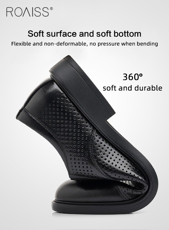 رويس حذاء رجالي من الجلد اللامع سهل الارتداء بتصميم مجوف منحوت، حذاء رسمي منخفض الرقبة برباط ونعل غير قابل للانزلاق، حذاء أنيق للرجال، حذاء لوفر جلدي كلاسيكي بسيط مناسب للارتداء اليومي والأعمال والزفاف والأنشطة الخارجية، أسود - Image 3