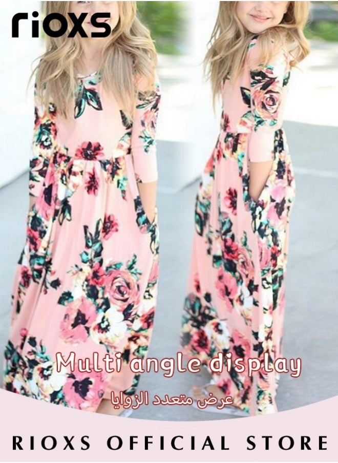 RIOXS - Toddler Girls Long Sleeve Maxi Dress Round Neck Floral Printed Dresses Casual Loose Long Dress With Pockets - Image 1
