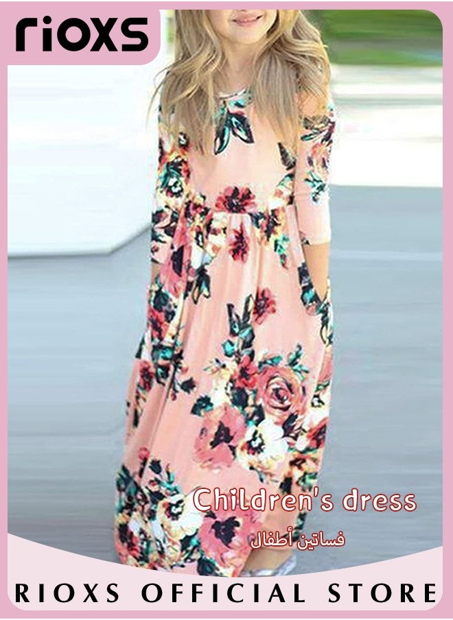 RIOXS - Toddler Girls Long Sleeve Maxi Dress Round Neck Floral Printed Dresses Casual Loose Long Dress With Pockets - Image 1