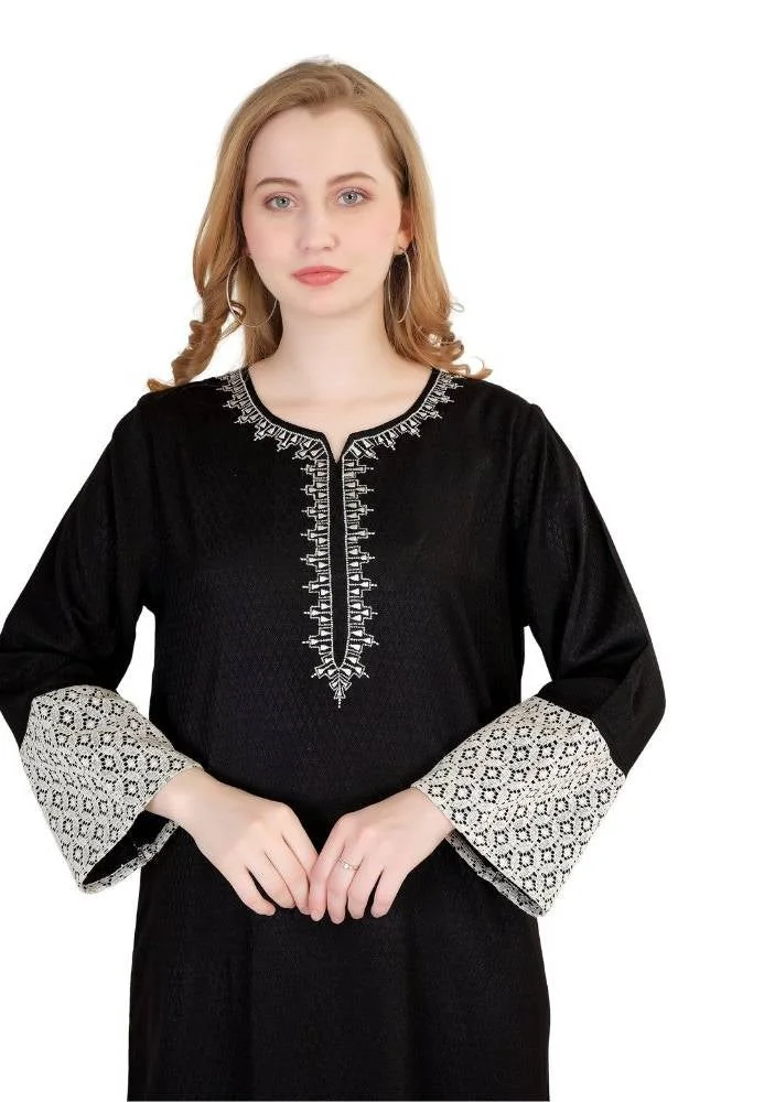 Artemea  SOFT GRACIOUS DIAMOND PATTERNED RAYON JALABIYAWITH EMBROIDERY AND LACE DETAILS ON SLEEVES for Women | Best Price UAE