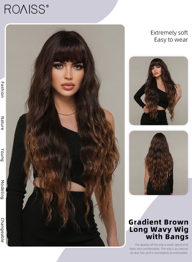 roaiss Long Wavy Wig with Bangs for Women, Natural Soft Synthetic Heat Resistant Hair Wig for Wedding Cosplay Party Daily Wear, Gradient Brown, 76cm (30 inches) - Image 1