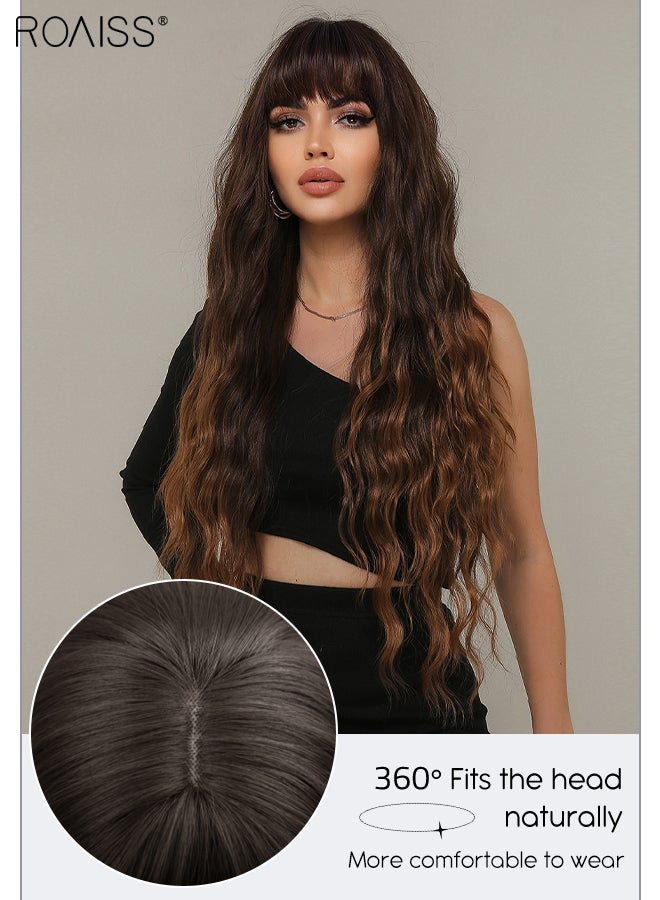 roaiss Long Wavy Wig with Bangs for Women, Natural Soft Synthetic Heat Resistant Hair Wig for Wedding Cosplay Party Daily Wear, Gradient Brown, 76cm (30 inches) - Image 4