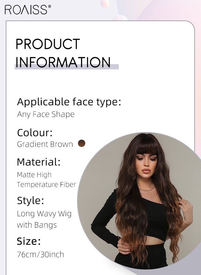 roaiss Long Wavy Wig with Bangs for Women, Natural Soft Synthetic Heat Resistant Hair Wig for Wedding Cosplay Party Daily Wear, Gradient Brown, 76cm (30 inches) - Image 3
