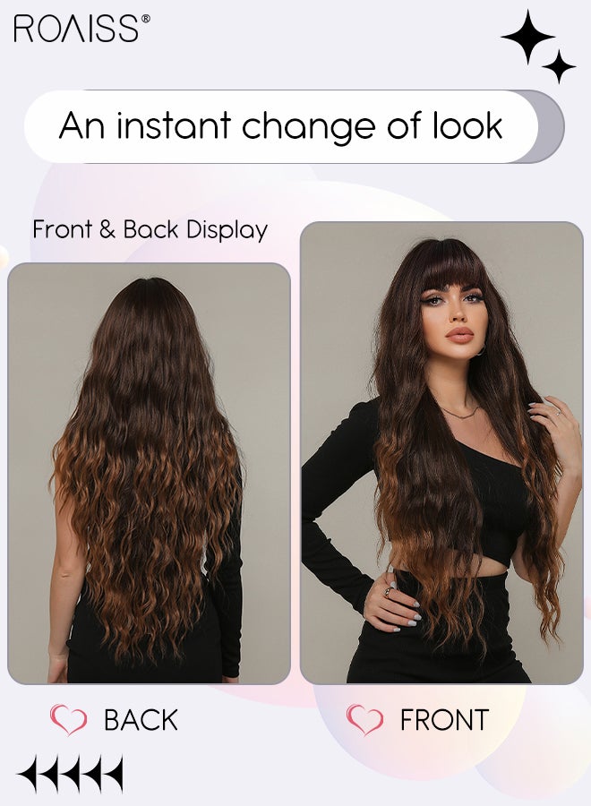 roaiss Long Wavy Wig with Bangs for Women, Natural Soft Synthetic Heat Resistant Hair Wig for Wedding Cosplay Party Daily Wear, Gradient Brown, 76cm (30 inches) - Image 2
