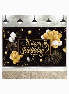 KASTWAVE Birthday Backdrop Banner, KASTWAVE Large Black Gold Balloon Star Fireworks Party Sign Poster Photo Booth Backdrop for Men Women Birthday Party Decorations, 72.8 x 43.3 Inch  - Image 1