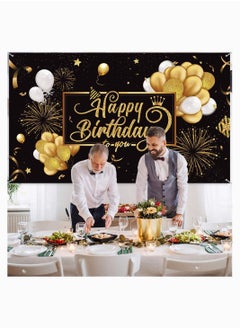 KASTWAVE Birthday Backdrop Banner, KASTWAVE Large Black Gold Balloon Star Fireworks Party Sign Poster Photo Booth Backdrop for Men Women Birthday Party Decorations, 72.8 x 43.3 Inch  - Image 2