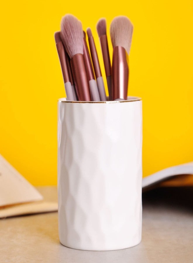 WHJY Ceramic White Pencil Cup, Makeup brushes Holder, Gold Pen Holder for Desk Cute Small Boho Brush Holder, Modern Geometry Design Pen Holder - Image 4