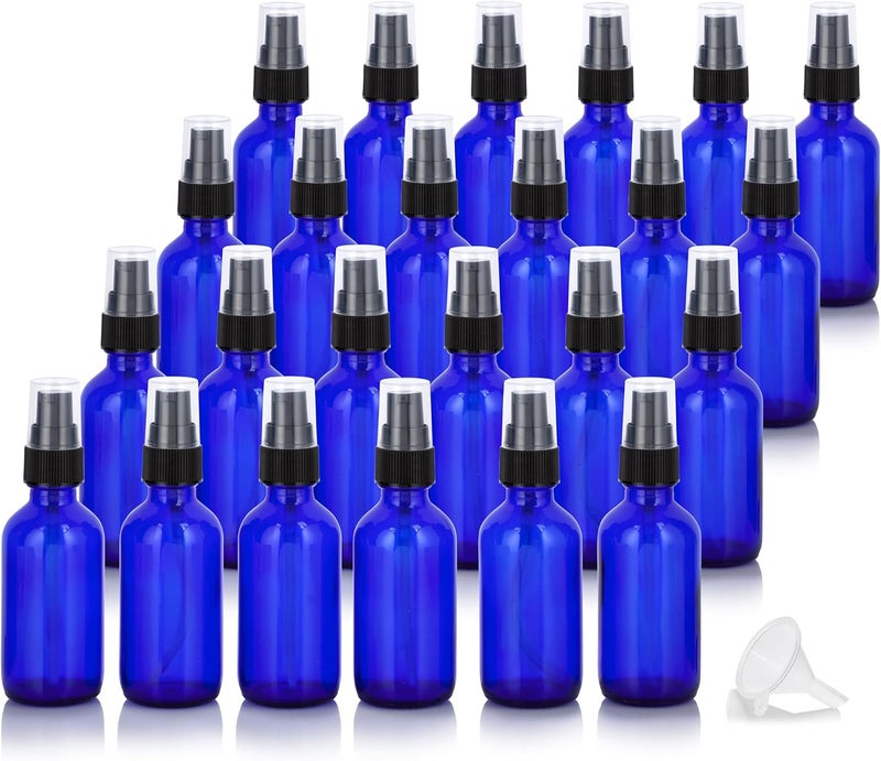 JUVITUS JUVITUS 2 oz Cobalt Blue Glass Boston Round Black Treatment Pump Bottle (24 Pack) + Funnel and Travel Size Foamer for Soap 