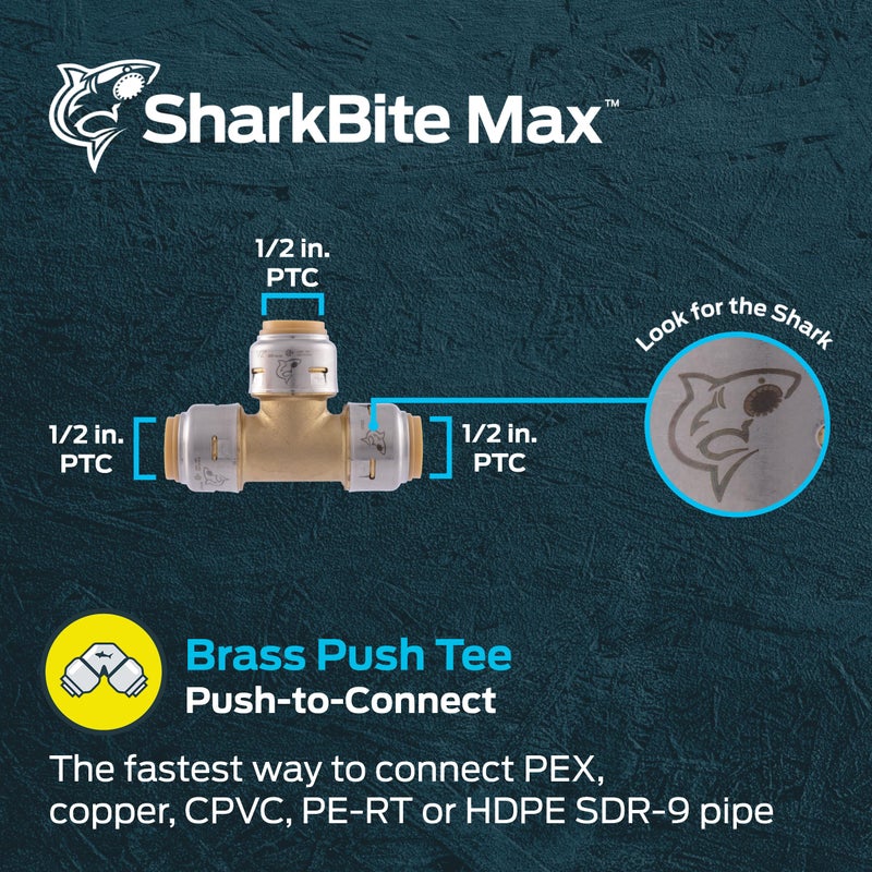 SharkBite Max 1/2 Inch Tee, Push to Connect Brass Plumbing Fitting, PEX Pipe, Copper, CPVC, PE-RT, HDPE, UR362A - Image 2