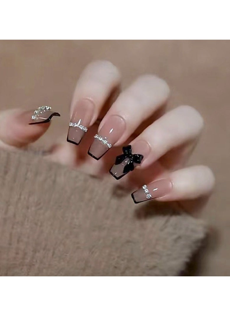 JOSQUEWNN Press On Nails 24Pcs，Long Black French Chain Fake Nail，Medium Fake Acrylic Nails With Glue Kit  - Image 1