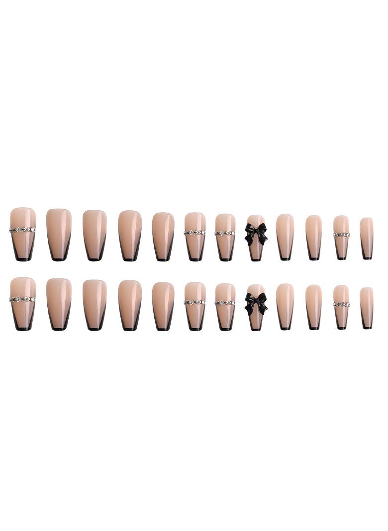 JOSQUEWNN Press On Nails 24Pcs，Long Black French Chain Fake Nail，Medium Fake Acrylic Nails With Glue Kit  - Image 3