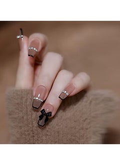 JOSQUEWNN Press On Nails 24Pcs，Long Black French Chain Fake Nail，Medium Fake Acrylic Nails With Glue Kit  - Image 5