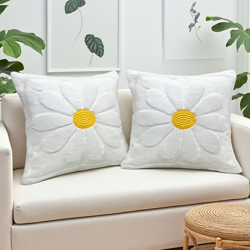 2 Pcs 18x18 Inch Soft Plush Daisy Pillow Cover for Sofa Bedroom Decoration - Image 1