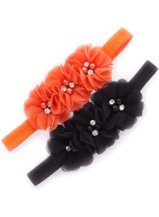 My Lello Girls Flower Headbands Toddler Fabric Beaded Trio Stretchy Elastic Pair (Black/Orange) - Image 1