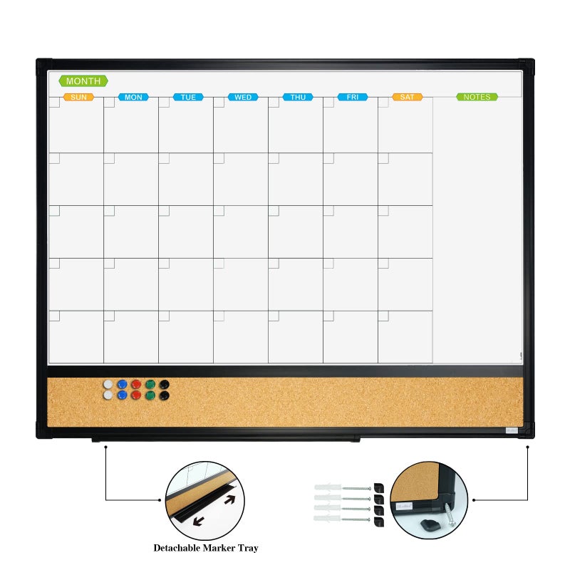JILoffice Magnetic Calendar Whiteboard & Bulletin Corkboard Combination, Combo Board 24 x 18 Inch, Black Aluminum Frame Wall Mounted Board for Office Home and School with 10 Push Pins - Image 2
