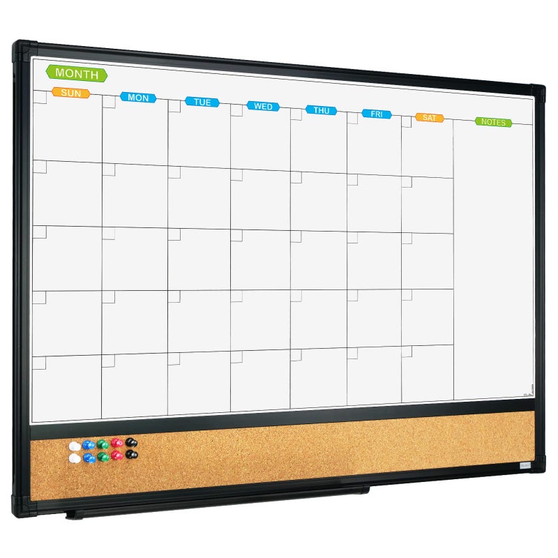 JILoffice Magnetic Calendar Whiteboard & Bulletin Corkboard Combination, Combo Board 24 x 18 Inch, Black Aluminum Frame Wall Mounted Board for Office Home and School with 10 Push Pins - Image 1
