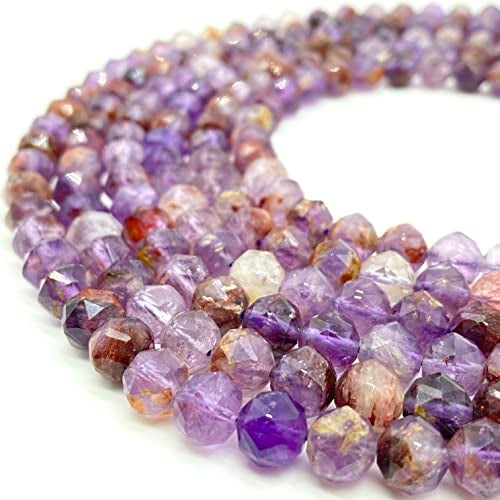 ABC GEMS USA ABCGEMS Brazilian Super 7 Beads (Cacoxenite, Amethyst, Lepidocrocite, Goethite, Rutile, Smoky Quartz & Crystal Quartz) Diamond-Cut Double-Hearted Satellite 8mm - Image 1