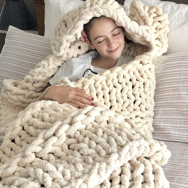 Chenille Chunky Knit Blanket Handmade Milk White 