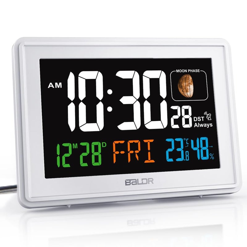 BALDR BALDR Atomic Clocks for Bedrooms Digital Large Display  White  Desk Clock with Temperature Indoor and Humidity Night Stand Clock Moon Phase Clock Alarm Clocks for Living Room Digital Clock Wall 