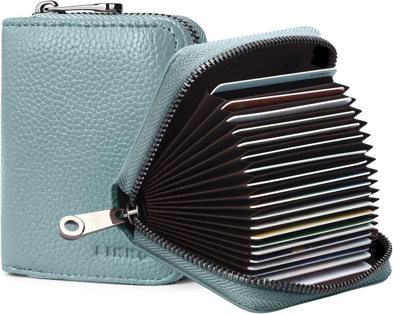 Linno RFID 20 Slots Credit Card Holder Genuine Leather Small Wallet for Women or Men with Zipper - Image 1