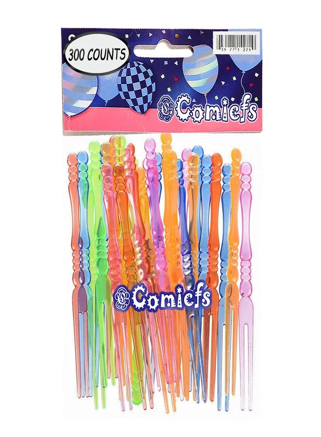 Comicfs 300pcs Disposable Plastic Fruit Forks, 4" Bistro Cocktail Forks Tasting Appetizer Fork Set Toothpick Portable Salad Mini Cake Fork (Multicolor) - Image 2