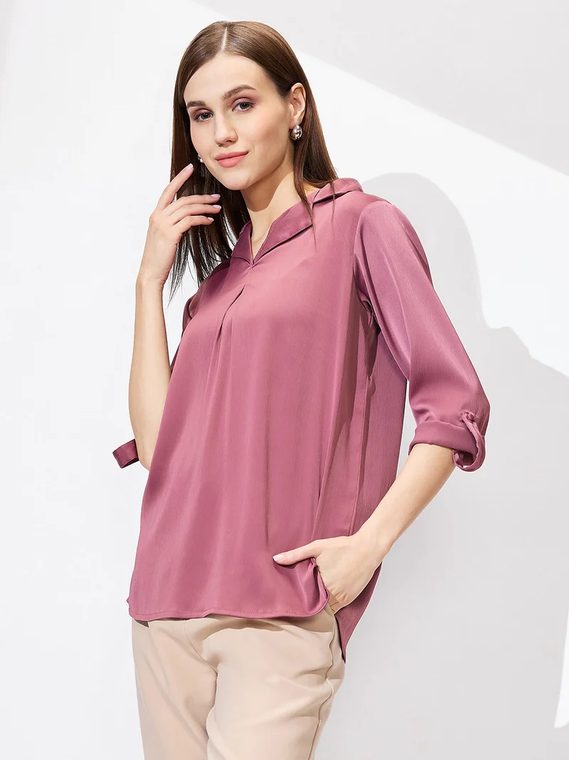 globus Globus Women Cuban Collar Roll Up Sleeves Solid Satin Shirt Style Workwear Top