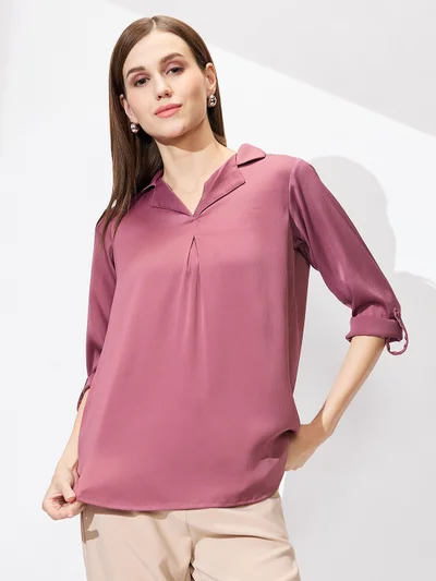 globus Globus Women Cuban Collar Roll Up Sleeves Solid Satin Shirt Style Workwear Top