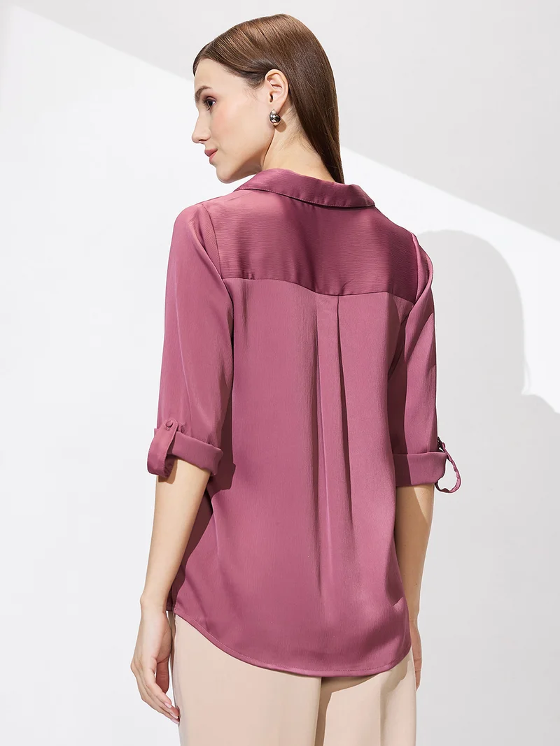 globus Globus Women Cuban Collar Roll Up Sleeves Solid Satin Shirt Style Workwear Top