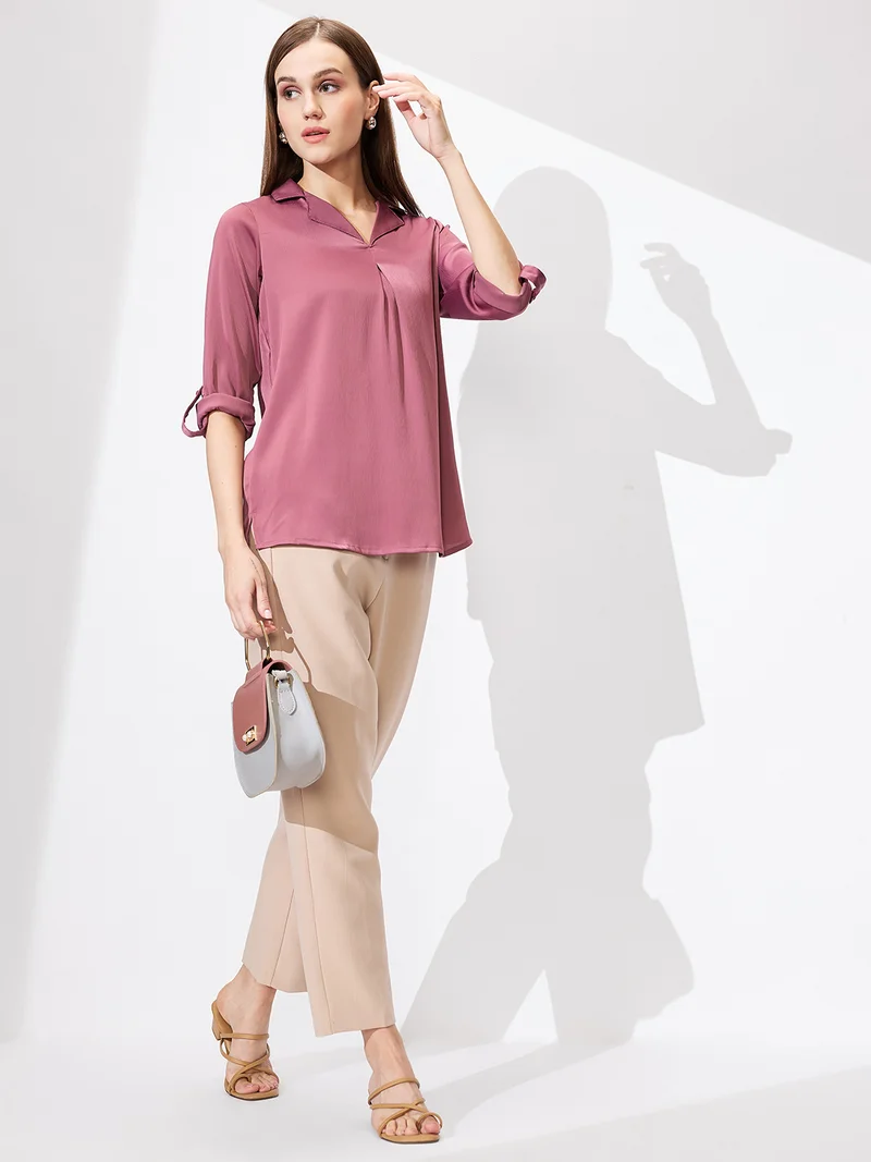 globus Globus Women Cuban Collar Roll Up Sleeves Solid Satin Shirt Style Workwear Top