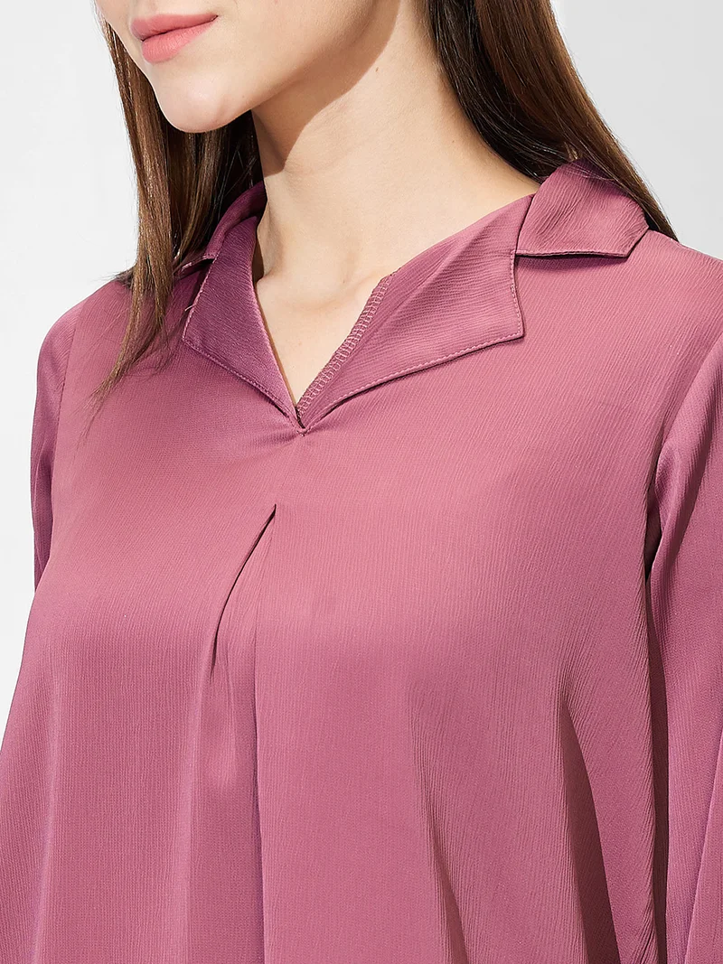 globus Globus Women Cuban Collar Roll Up Sleeves Solid Satin Shirt Style Workwear Top