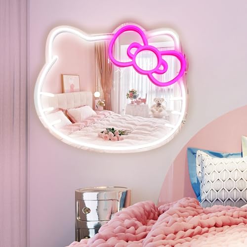 MCJSGSP Anime Hello Kit Mirror with Light Neon Signs for Wall Decor, Teen Girl Gift，Makeup Mirror neon Sign Room Decor (14.6 * 12.2 inch) - Image 1