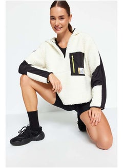 Ecru Color Block Parachute Fabric Detailed Plush Wide Pattern Knitted Sports Sweatshirt THMAW24SW00009