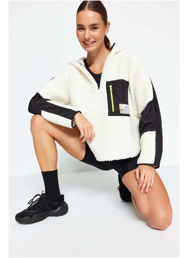 trendyol - Ecru Color Block Parachute Fabric Detailed Plush Wide Pattern Knitted Sports Sweatshirt THMAW24SW00009 - Image 1