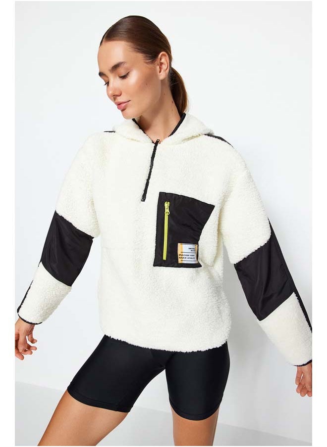 trendyol - Ecru Color Block Parachute Fabric Detailed Plush Wide Pattern Knitted Sports Sweatshirt THMAW24SW00009 - Image 1