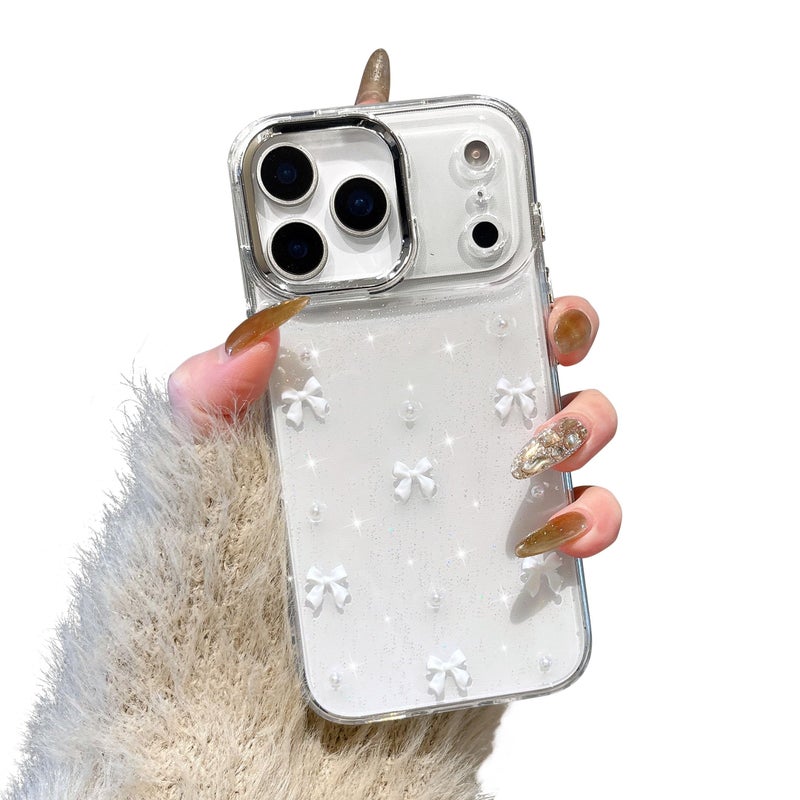 EYZUTAK Case for iPhone 17 Pro Max, Bling Glitter 3D Bowknot Phone Case Cute Sparkly Crystal Clear Bow Aesthetic Cover Slim Soft Durable TPU Transparent Protective Cover for Women Girls - White Bow - Image 1